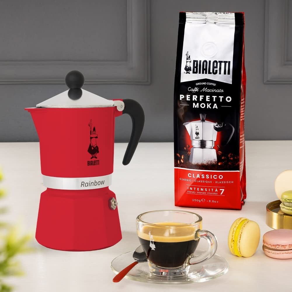 - Rainbow: Stovetop Espresso Maker, Moka Pot 3 Cups (4.3 Oz - 130 Ml), Aluminium, Red