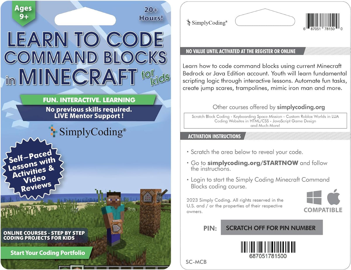 Coding for Kids: Learn to Code Minecraft Command Blocks - Video Game Design Coding Software - Computer Programming Courses, Ages 9+ (PC, Mac Compatible)