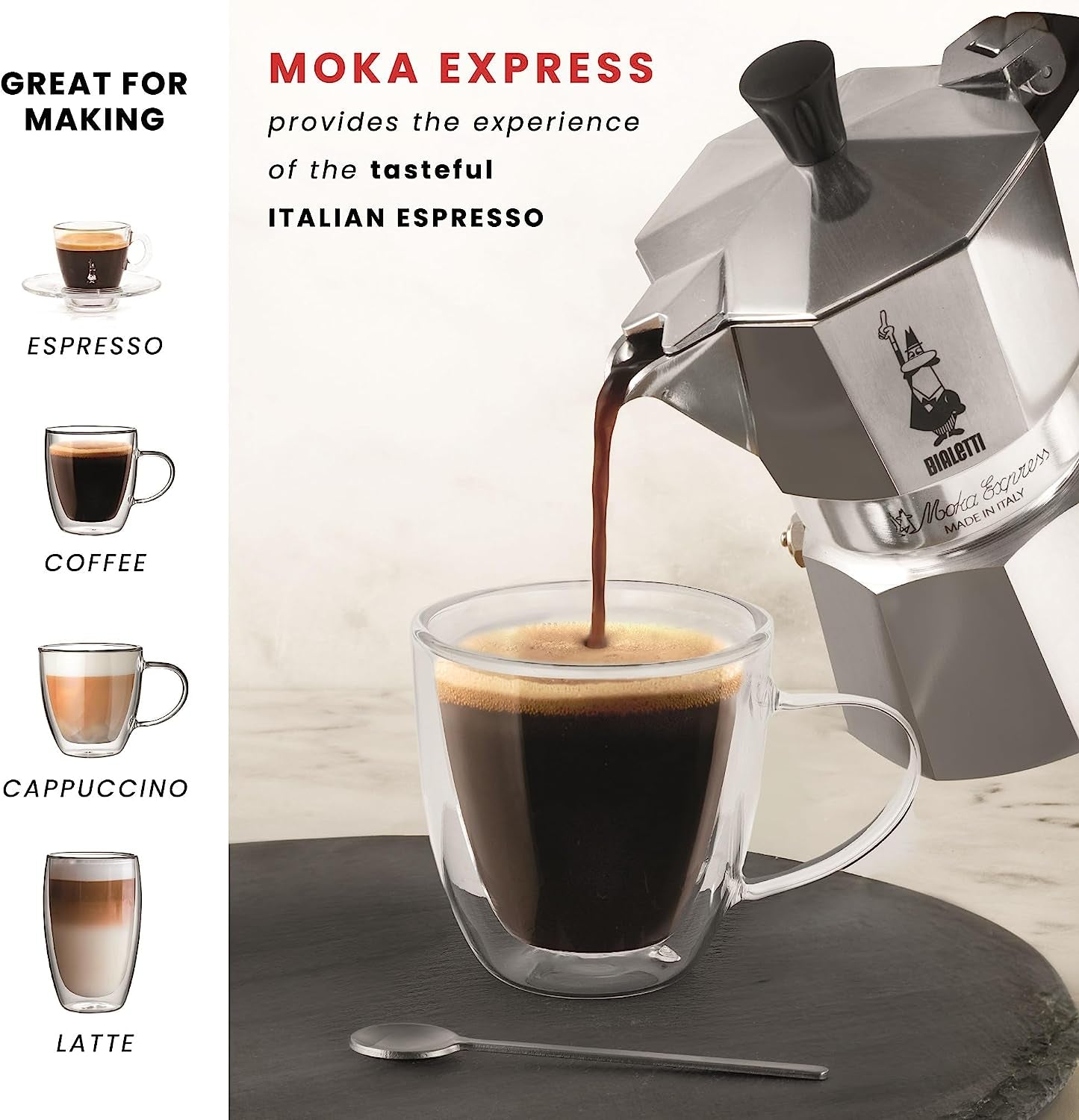 - Moka Espress: Iconic Stovetop Espresso Maker, Makes Real Italian Coffee, Moka Pot 6 Cups (6 Oz), Aluminium, Silver