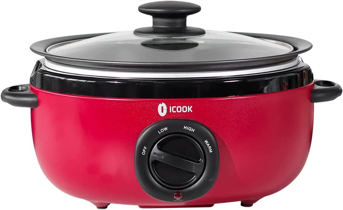 USC-35-OP001RD 3.5 Quart Slow Cooker,Aluminium Sear/Sauté Stew Pot Stovetop Safe,Dishwasher Safe,Glass Lid,Adjustable Temp,Food Warmer,Red