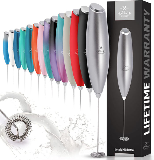 Zulay Powerful Milk Frother for Coffee with Upgraded Titanium Motor - Handheld Frother Electric Whisk, Milk Foamer, Mini Mixer & Coffee Blender Frother for Frappe, Latte, Matcha, No Stand - Silver