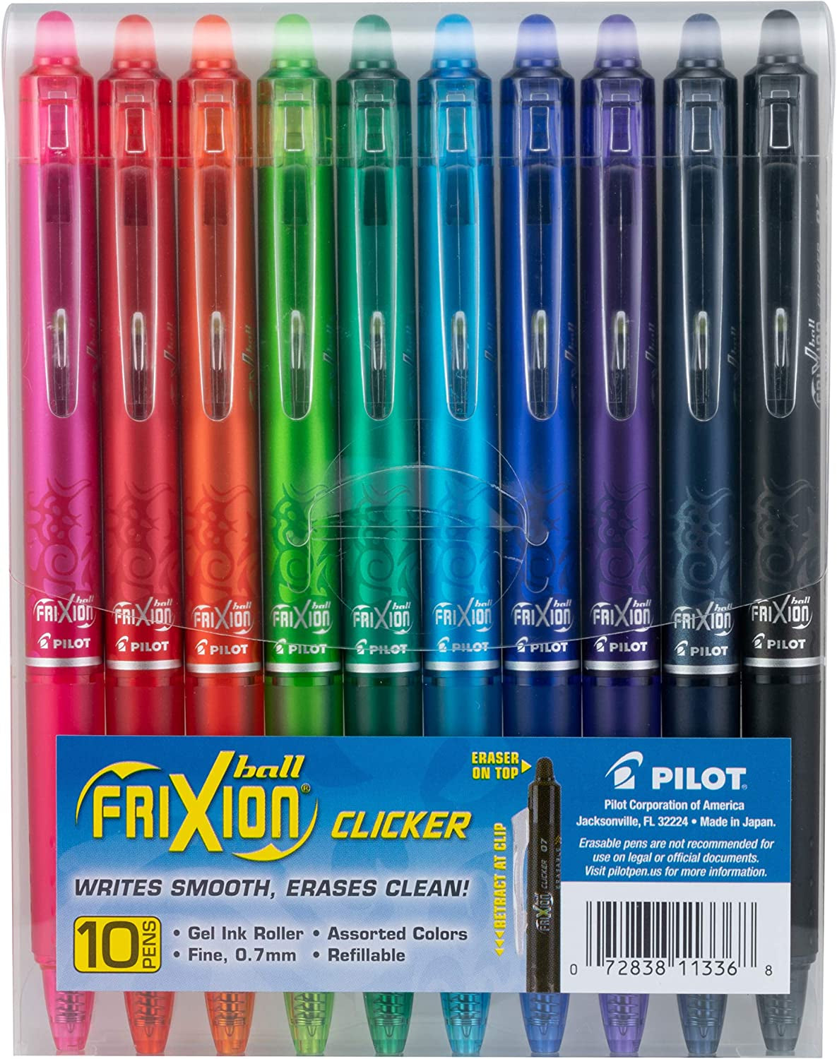 , Frixion Clicker Erasable Gel Pens, Fine Point 0.7 Mm, Pack of 10, Assorted Colors