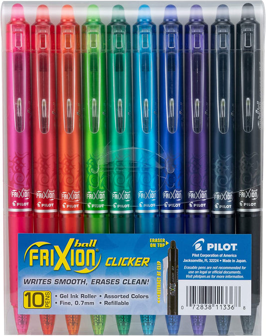 , Frixion Clicker Erasable Gel Pens, Fine Point 0.7 Mm, Pack of 10, Assorted Colors