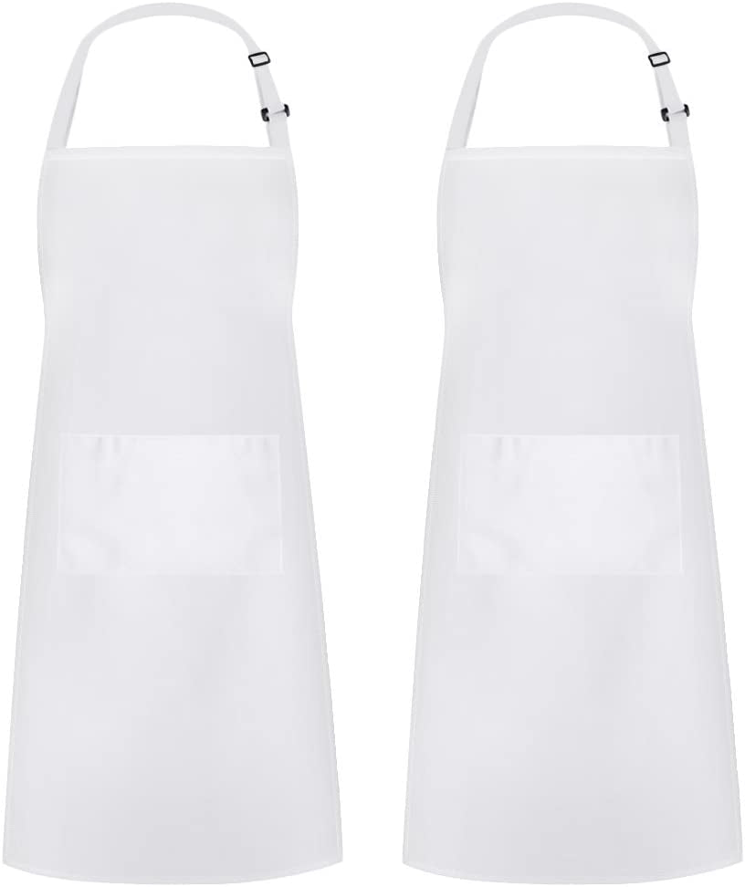 2 Pack Adjustable Bib Apron Thicker Version Waterdrop Resistant with 2 Pockets Cooking Kitchen Aprons for Women Men Chef, White