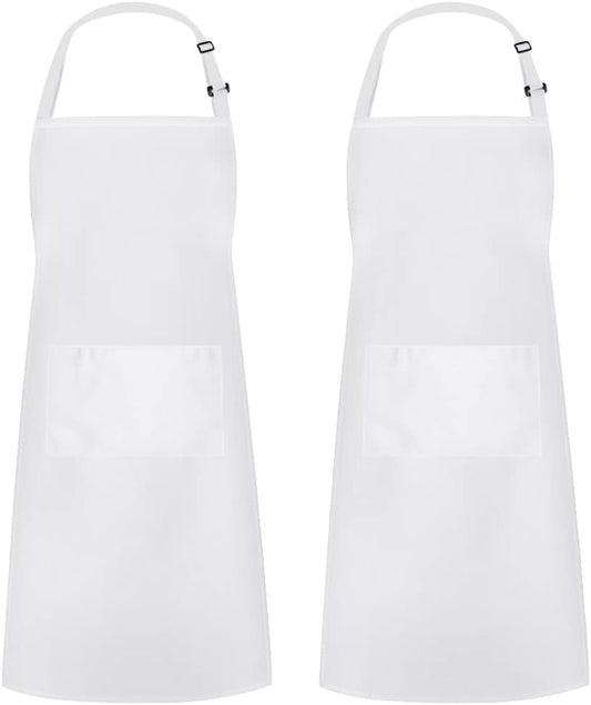 2 Pack Adjustable Bib Apron Thicker Version Waterdrop Resistant with 2 Pockets Cooking Kitchen Aprons for Women Men Chef, White