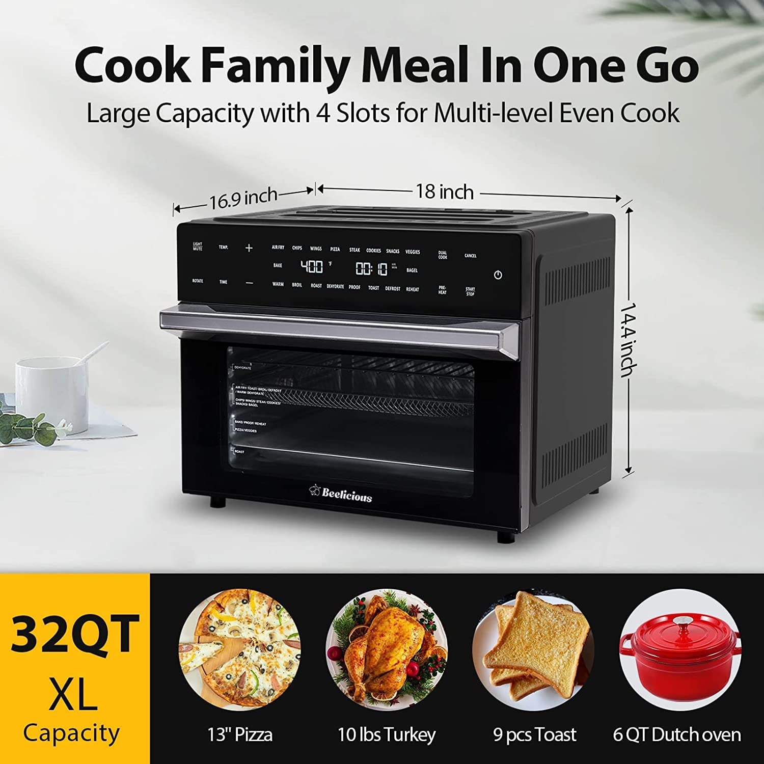 32QT Extra Large Air Fryer, 19-In-1 Air Fryer Toaster Oven Combo with Rotisserie and Dehydrator, Digital Convection Oven Countertop Airfryer Fit 13" Pizza, 6 Accessories, 1800W, Black