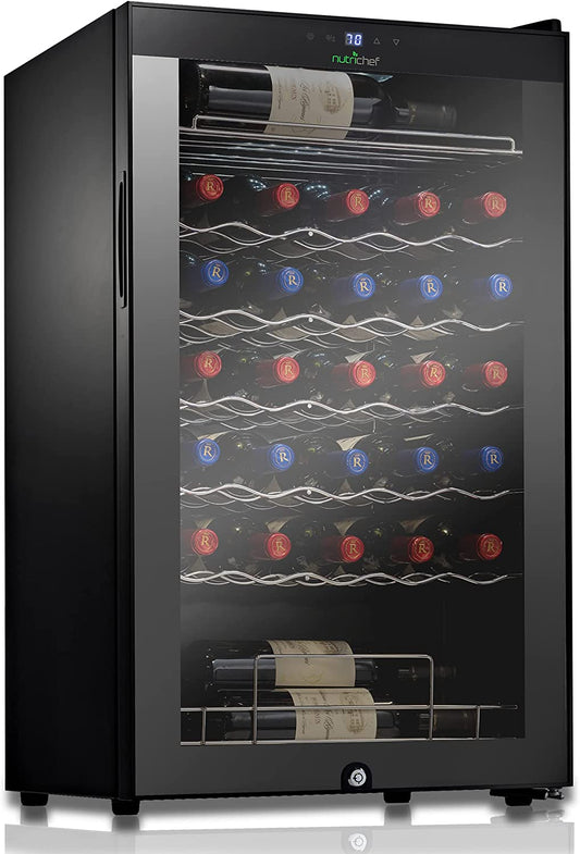34 Bottle Compressor Wine Cooler Refrigerator Cooling System | Large Freestanding Wine Cellar Fridge for Red and White Champagne or Sparkling, Black Glass Door