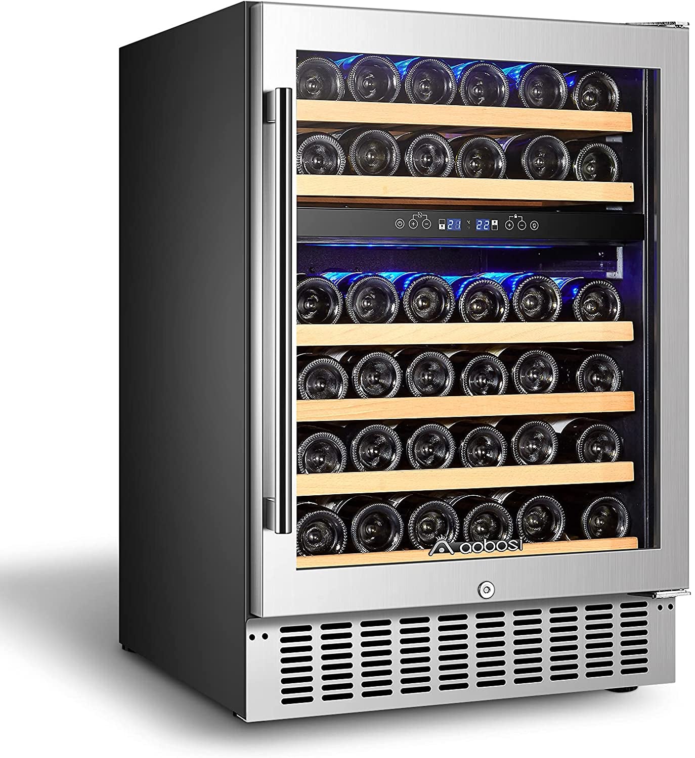 【Upgraded】 24 Inch Dual Zone Wine Cooler 46 Bottle Freestanding and Built in Wine Refrigerator with Advanced Cooling System, Quiet Operation, Blue Interior Light | Easily Store Larger Bottles