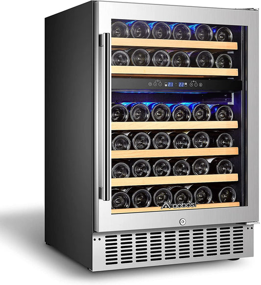 【Upgraded】 24 Inch Dual Zone Wine Cooler 46 Bottle Freestanding and Built in Wine Refrigerator with Advanced Cooling System, Quiet Operation, Blue Interior Light | Easily Store Larger Bottles