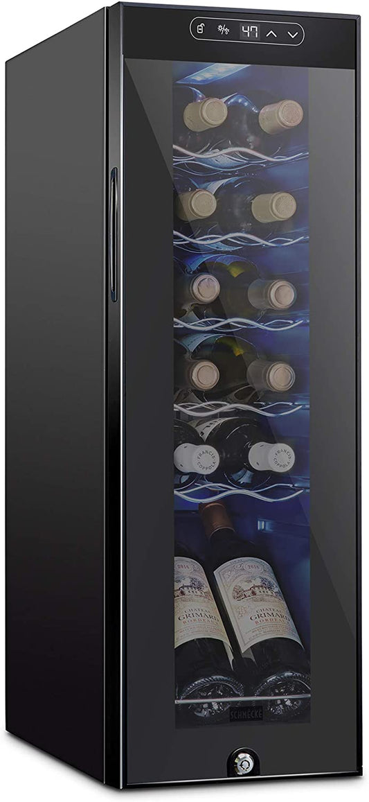 Schmecke 12 Bottle Compressor Wine Cooler Refrigerator W/Lock | Large Freestanding Wine Cellar | 41F-64F Digital Temperature Control Wine Fridge for Red, White, Champagne or Sparkling Wine - Black