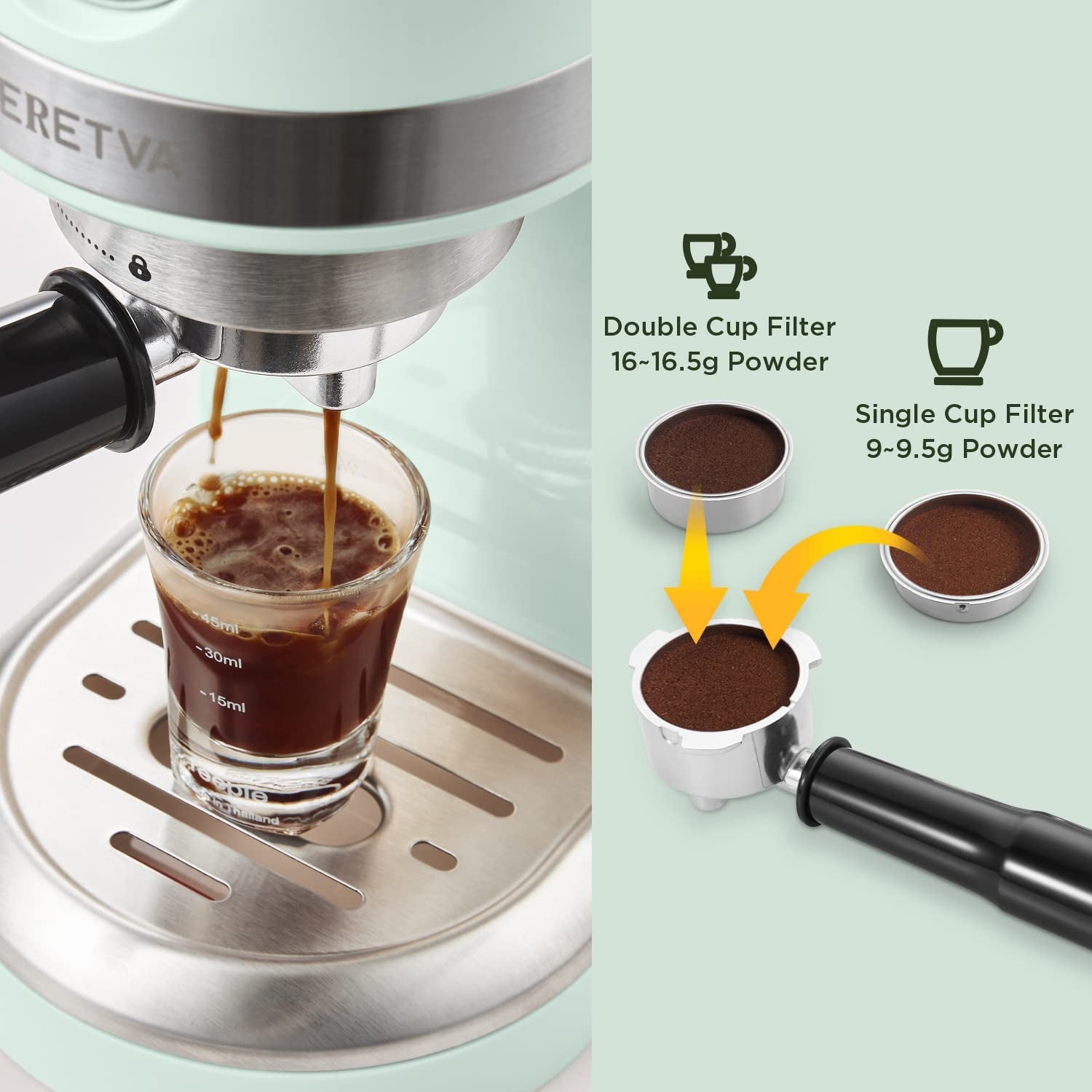 20 Bar Espresso Coffee Machine with Steam Wand for Latte Espresso and Cappuccino, Compact Espresso Maker for Home Barista, 1350W Premium Italian High Pressure - Mint Green