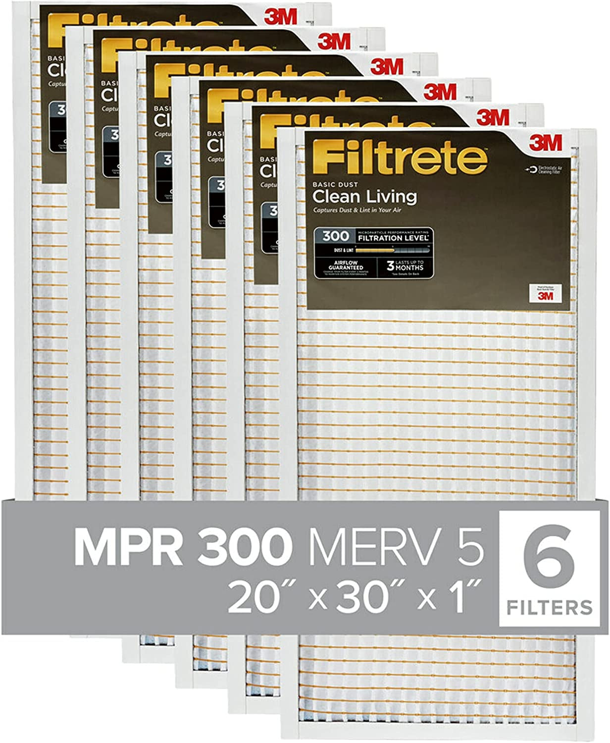 20X30X1 Air Filter, MPR 300, MERV 5, Clean Living Basic Dust 3-Month Pleated 1-Inch Air Filters, 6 Filters