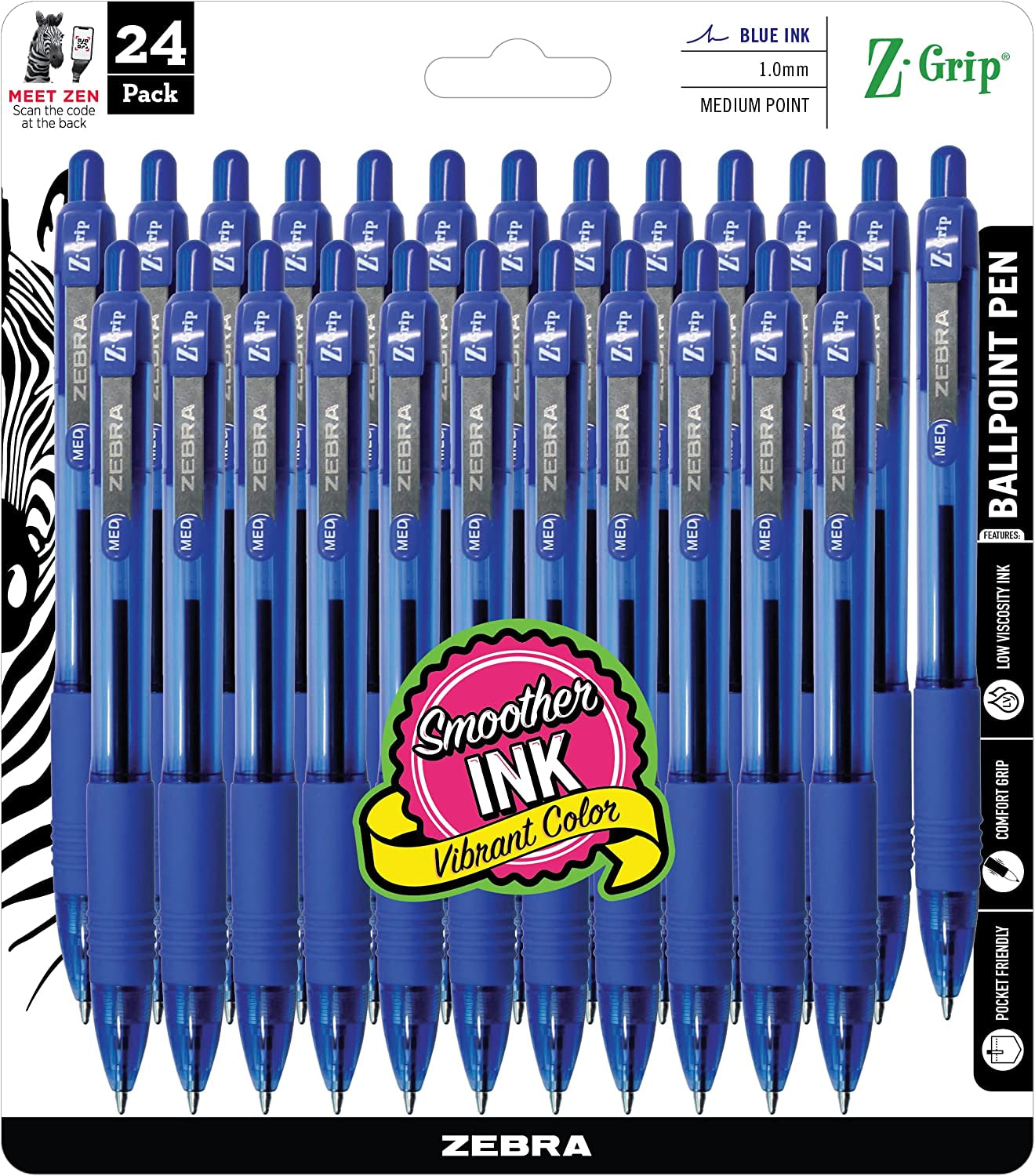 Z-Grip Medium Point Retractable Ballpoint Pens, 24 Blue Ink Pens