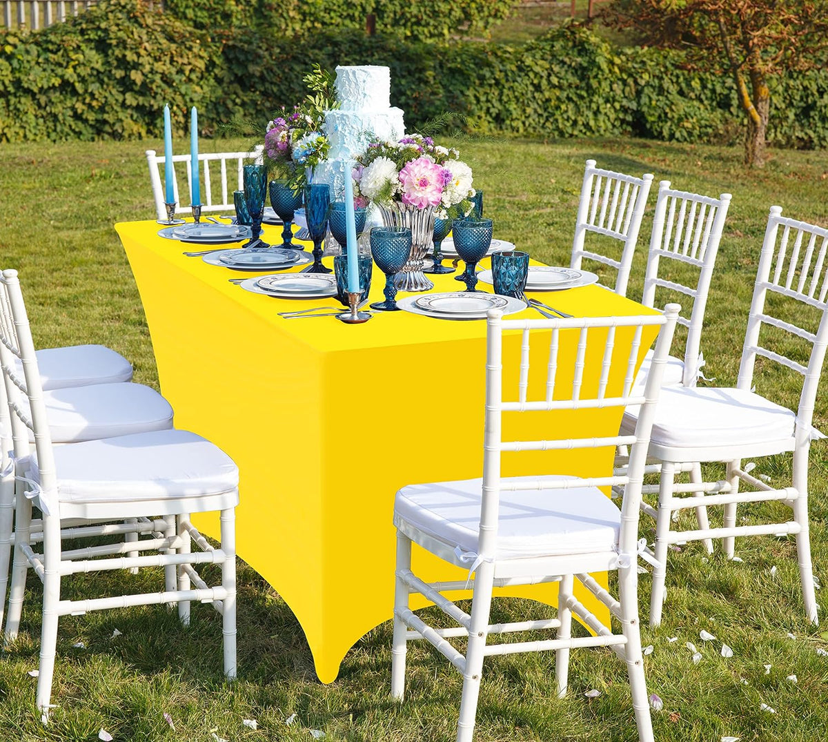 Spandex Tablecloth 2 Pack [6FT, Yellow] Tight, Fitted, Washable and Wrinkle Resistant Stretch Rectangular Patio Table Cover for Event, Wedding, Banquet & Parties [72Lx30Wx30H Inch]