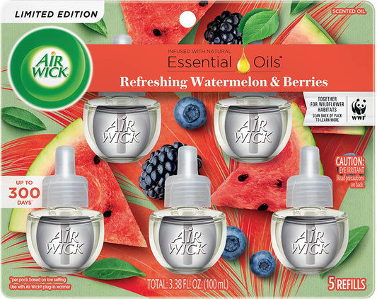 Plug in Scented Oil Refill, 5 Ct, Fresh Watermelon & Berries, Air Freshener, Essential Oils, Spring Collection