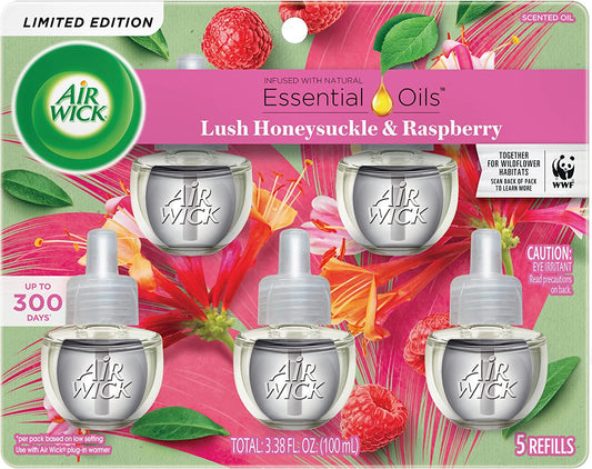 Plug in Scented Oil, 5 Refills, Lush Honeysuckle & Raspberry, Air Freshener, Essential Oils, Packaging May Vary