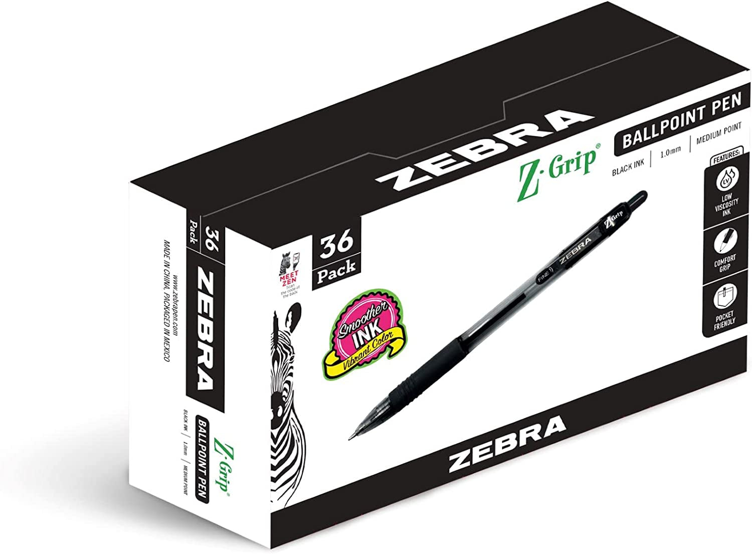 Z-Grip Retractable Ballpoint Pen, Medium Point, 1.0Mm, Black Ink, 36-Pack