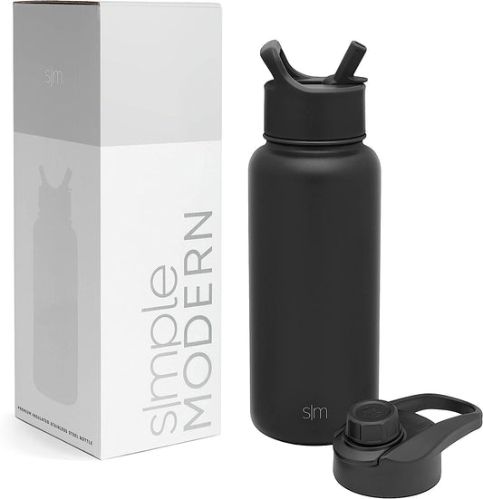 Water Bottle with Straw and Chug Lid Vacuum Insulated Stainless Steel Metal Thermos Bottles | Reusable Leak Proof Bpa-Free Flask for Sports Gym Summit Collection 32Oz, Midnight Black