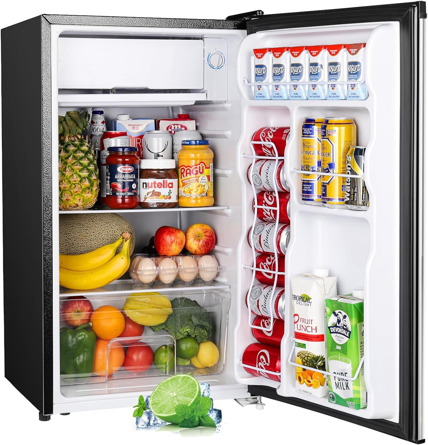 3.2 Cu.Ft Mini Fridge with Freezer, Single Door Mini Fridge, Adjustable Thermostat, Mini Refrigerator for Dorm, Office, Bedroom, Stainless Steel-Sr321