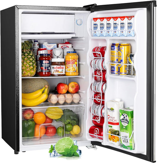 3.2 Cu.Ft Mini Fridge with Freezer, Single Door Mini Fridge, Adjustable Thermostat, Mini Refrigerator for Dorm, Office, Bedroom, Stainless Steel-Sr321