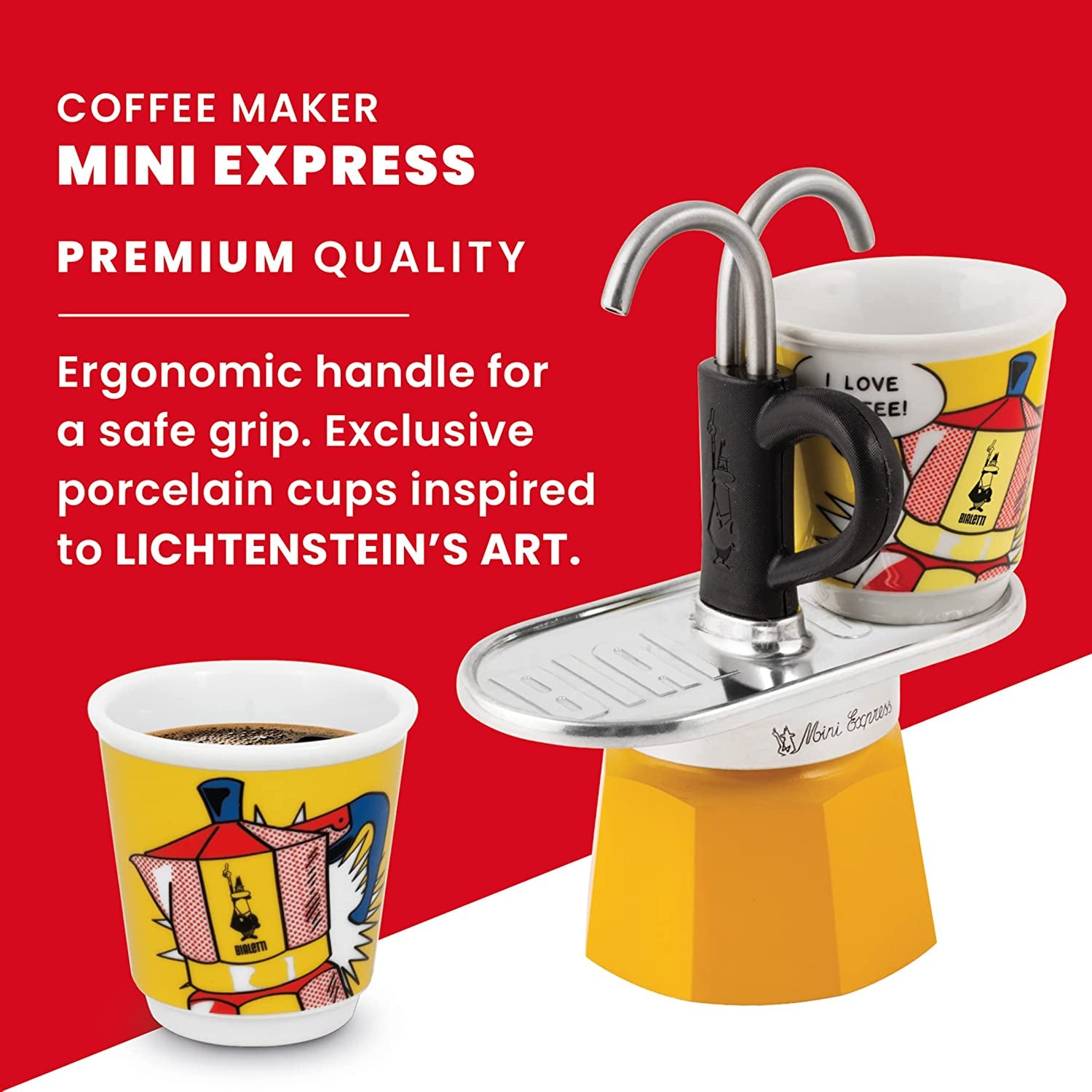 - Mini Express Lichtenstein: Moka Set Includes Coffee Maker 2-Cup (2.8 Oz) + 2 Shot Glasses, Yellow, Aluminium