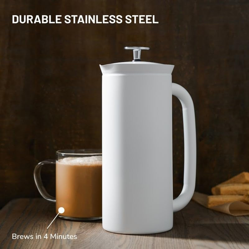 - P7 French Press - Double Walled Stainless Steel Insulated Coffee and Tea Maker with Micro-Filter - Keep Drinks Hotter for Longer, Perfect for Home (Matte White, 32 Oz)