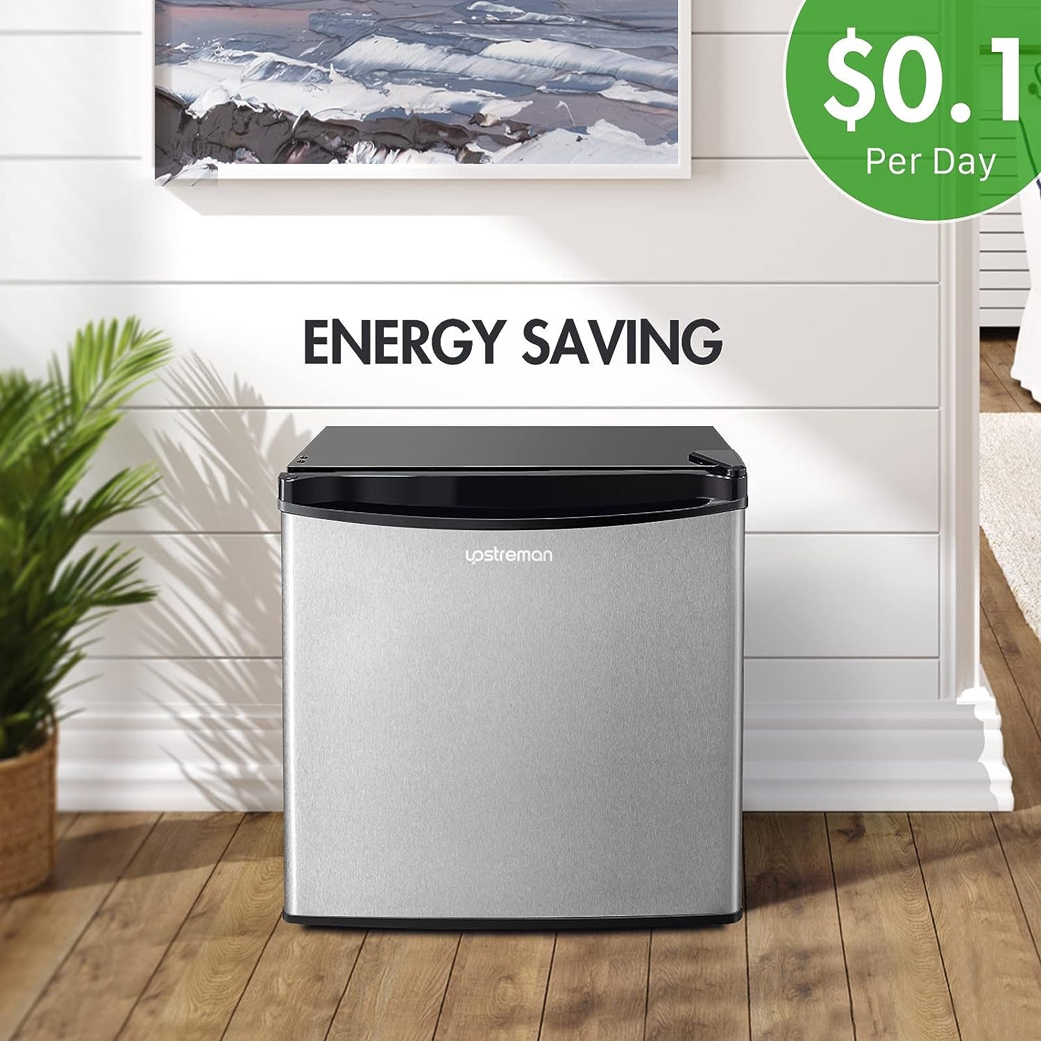 1.7 Cu.Ft Mini Fridge with Freezer, Adjustable Thermostat, Energy Saving, Low Noise, Single Door Compact Refrigerator for Dorm, Office, Bedroom, Stainless- FR17