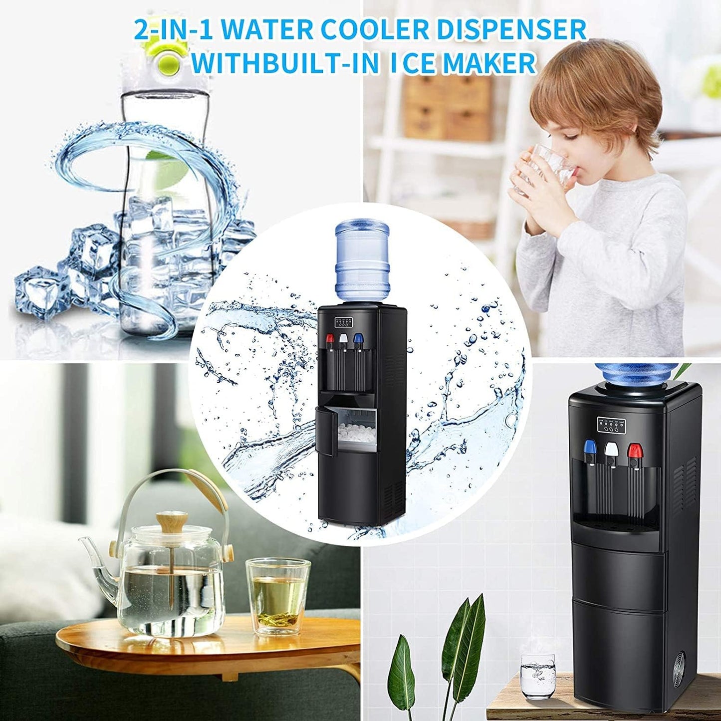 2-In-1 Water Cooler Dispenser with Built-In Ice Maker, Freestanding Hot Cold Top Loading Water Dispenser, 2, 3 or 5 Gallon Bottle with Child Safety Lock (Black)