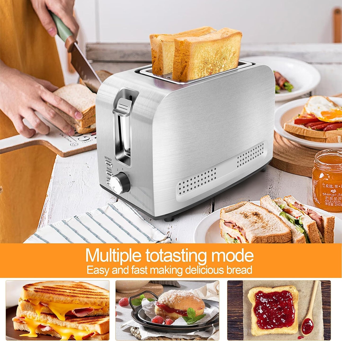 2 Slice Slot Toaster, Stainless Steel, Extra-Wide Slot Toaster with 7 Shade Settings, Silver Metallic