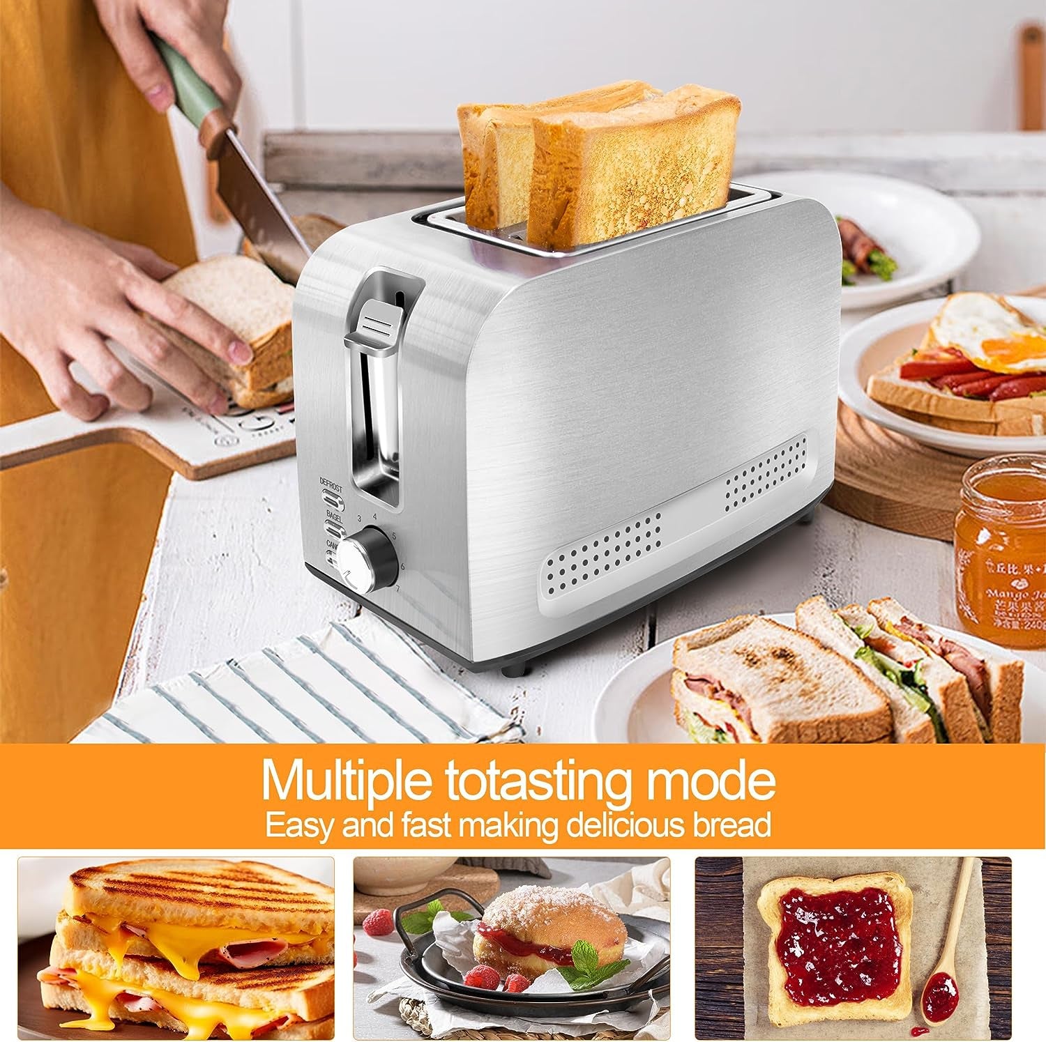 2 Slice Slot Toaster, Stainless Steel, Extra-Wide Slot Toaster with 7 Shade Settings, Silver Metallic
