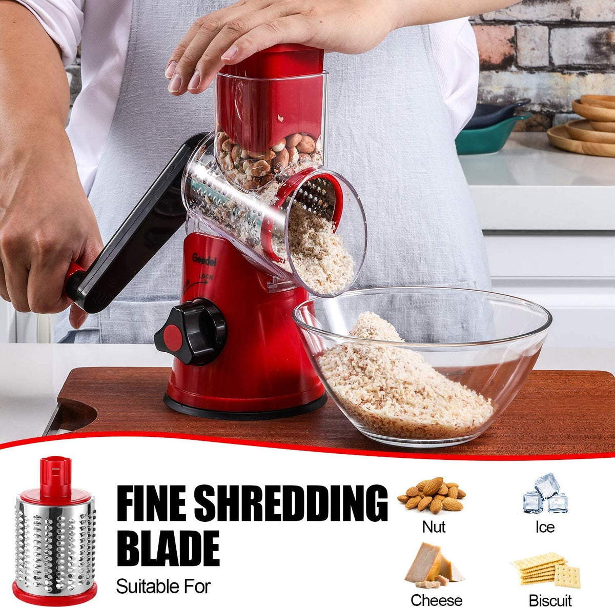 Rotary Cheese Grater, Kitchen Mandoline Grater with 2 Drum Blades, Easy to Clean Rotary Grater Cheese Shredder for Fruit, Vegetables, Nuts