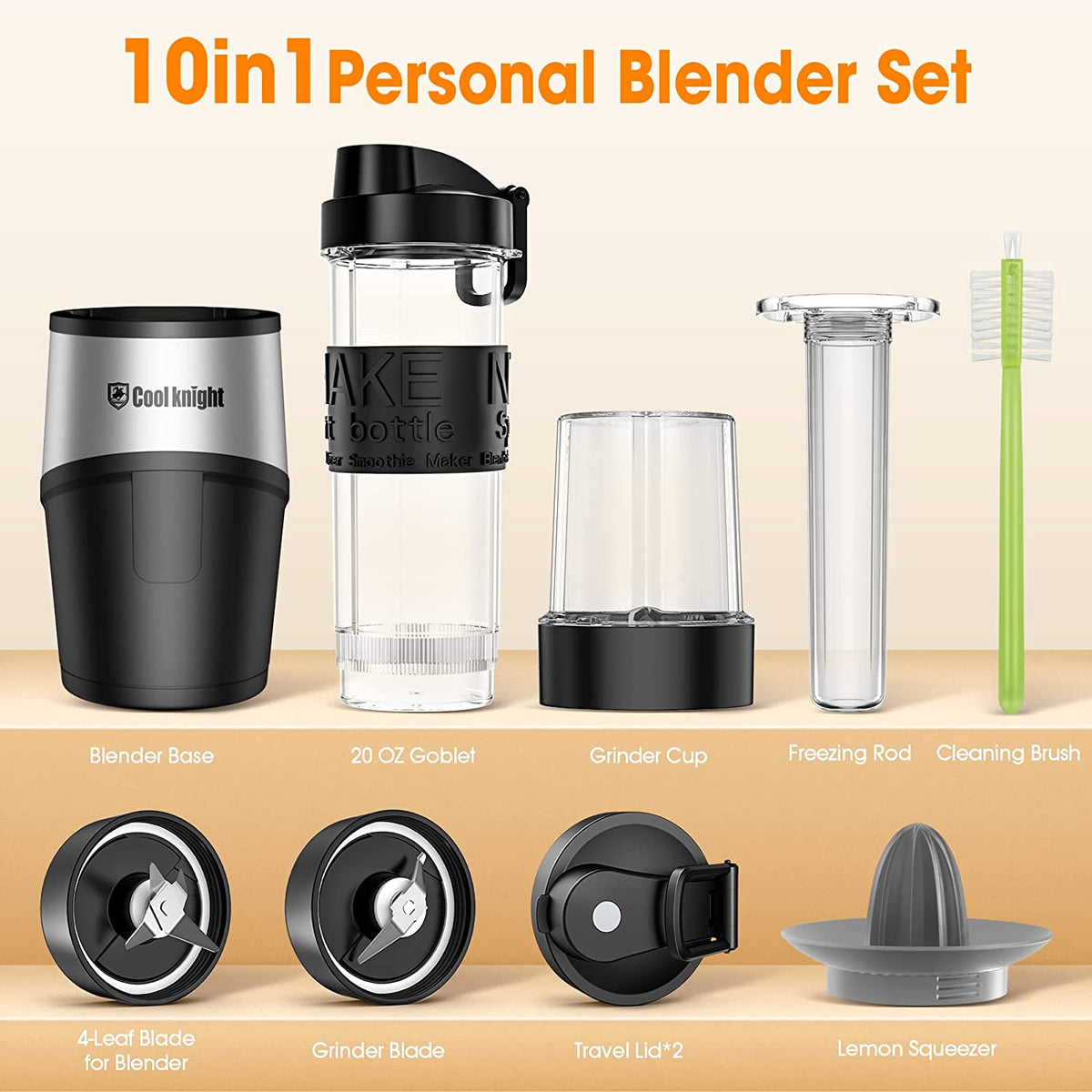Personal Blender, 500 Watts Bullet Blender for Shakes and Smoothies, 10-Piece Kitchen Blender Set with 20Oz Sports Mug, Grinder Cup, 2 To-Go Lid, Freezer Rod and Lemon Squeezer,Bpa Free (Black-Silver)