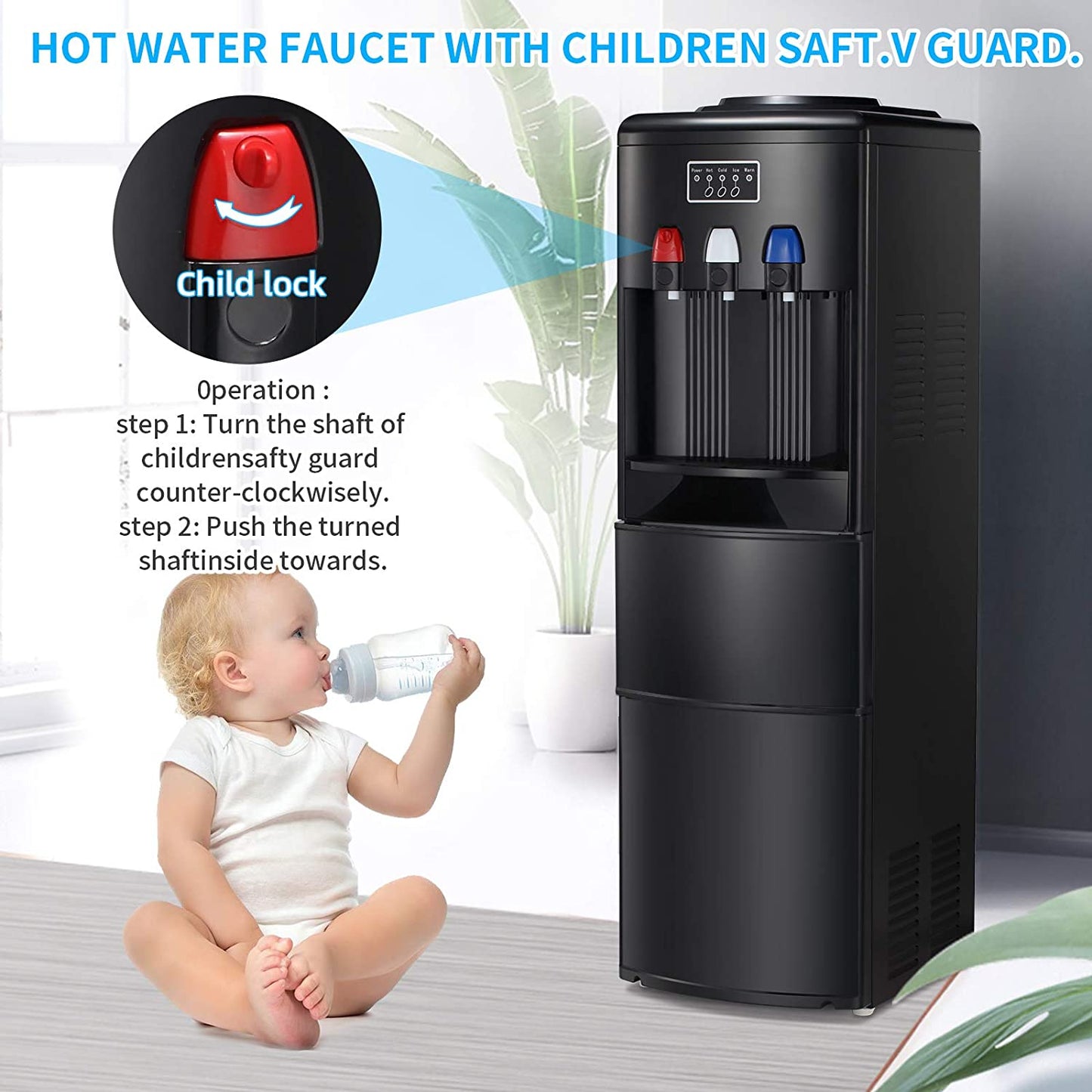 2-In-1 Water Cooler Dispenser with Built-In Ice Maker, Freestanding Hot Cold Top Loading Water Dispenser, 2, 3 or 5 Gallon Bottle with Child Safety Lock (Black)