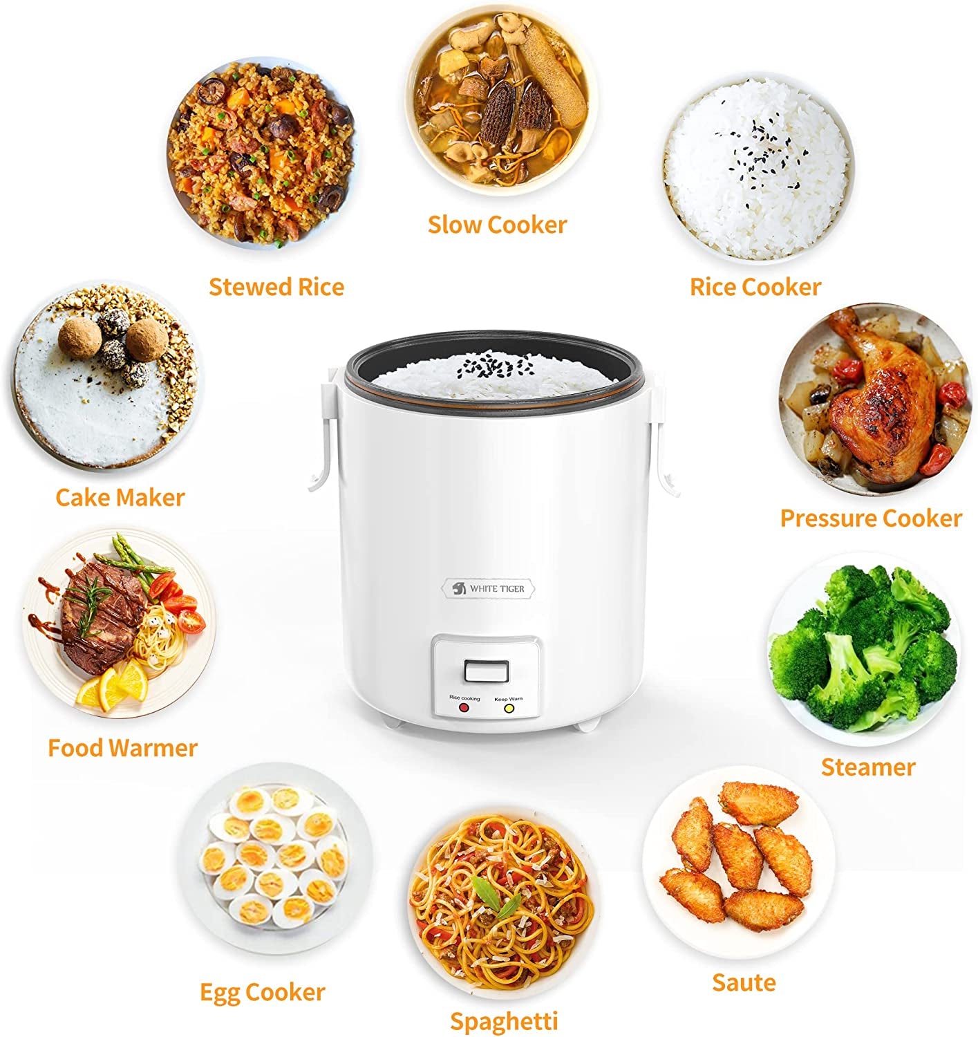 1.0L Mini Rice Cooker, 2 Cups Uncooked WHITE TIGER Portable Travel Steamer Small,15 Minutes Fast Cooking, Removable Non-Stick Pot, Keep Warm, Suitable for 1-2 People - for Cooking Soup, Rice, Stews & Oatmeal