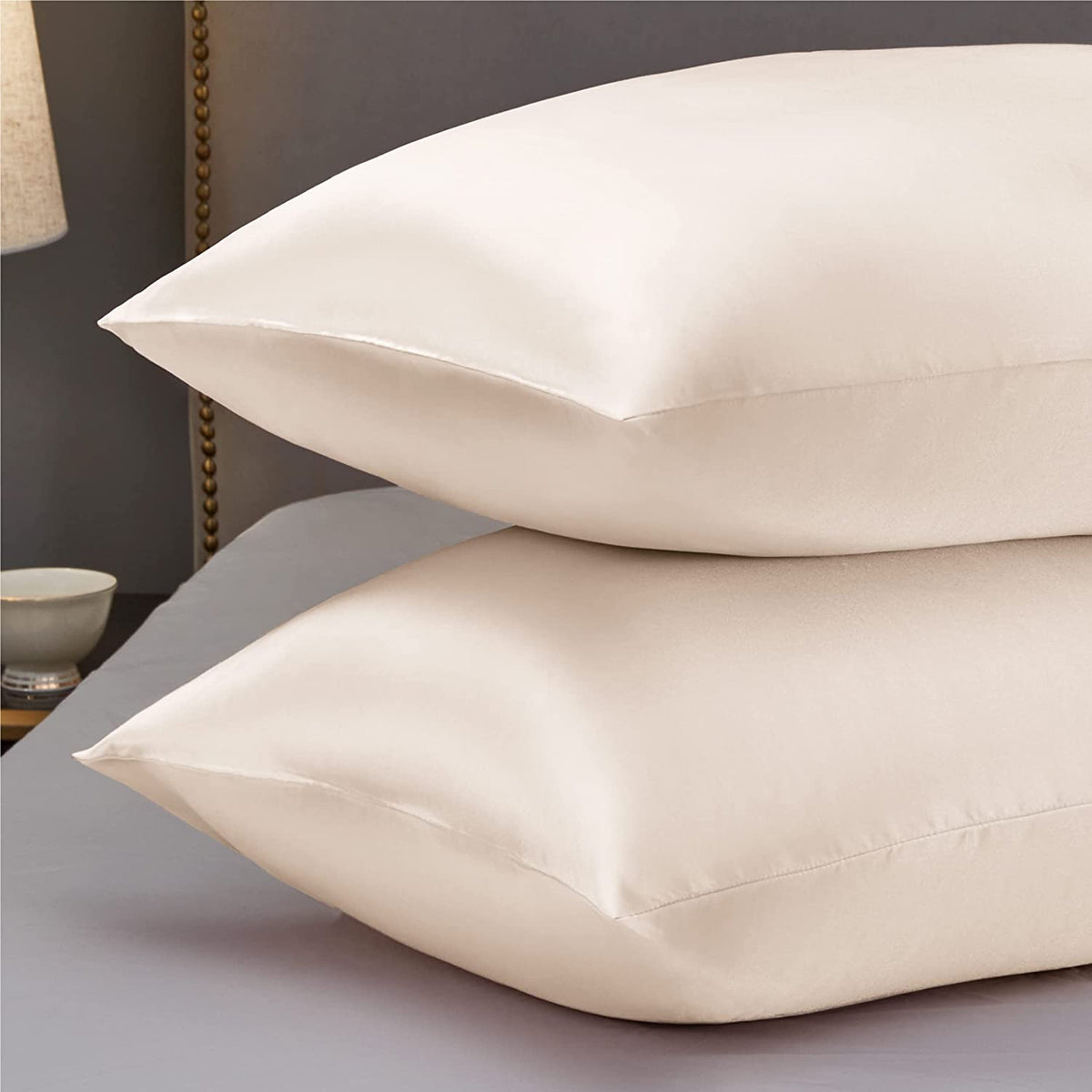 Satin Pillowcase Standard Set of 2 - Beige Silky Pillow Cases for Hair and Skin 20X26 Inches, Pillow Covers with Envelope Closure, Similar to Silk Pillow Cases, Gifts for Women Men