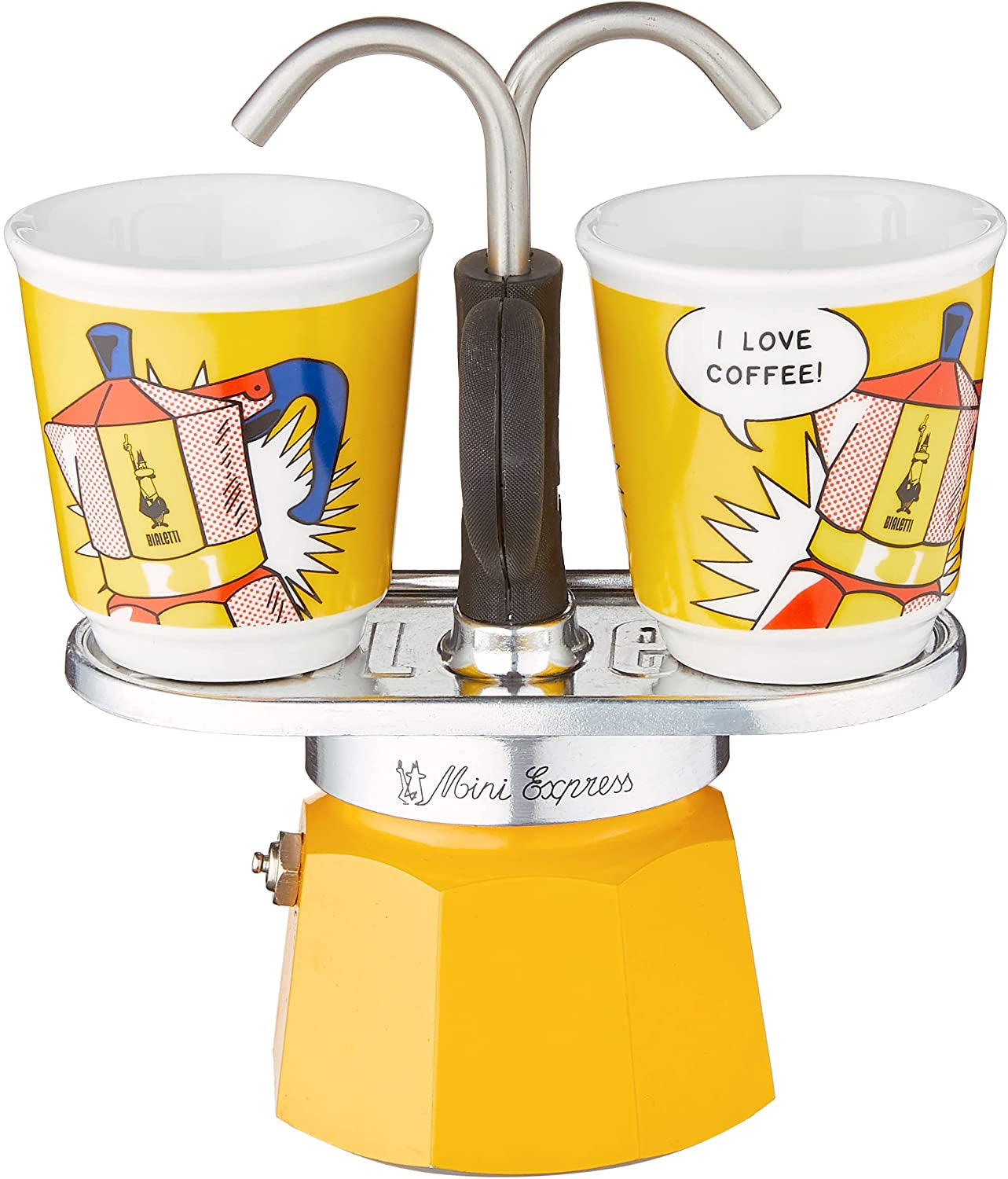 - Mini Express Lichtenstein: Moka Set Includes Coffee Maker 2-Cup (2.8 Oz) + 2 Shot Glasses, Yellow, Aluminium