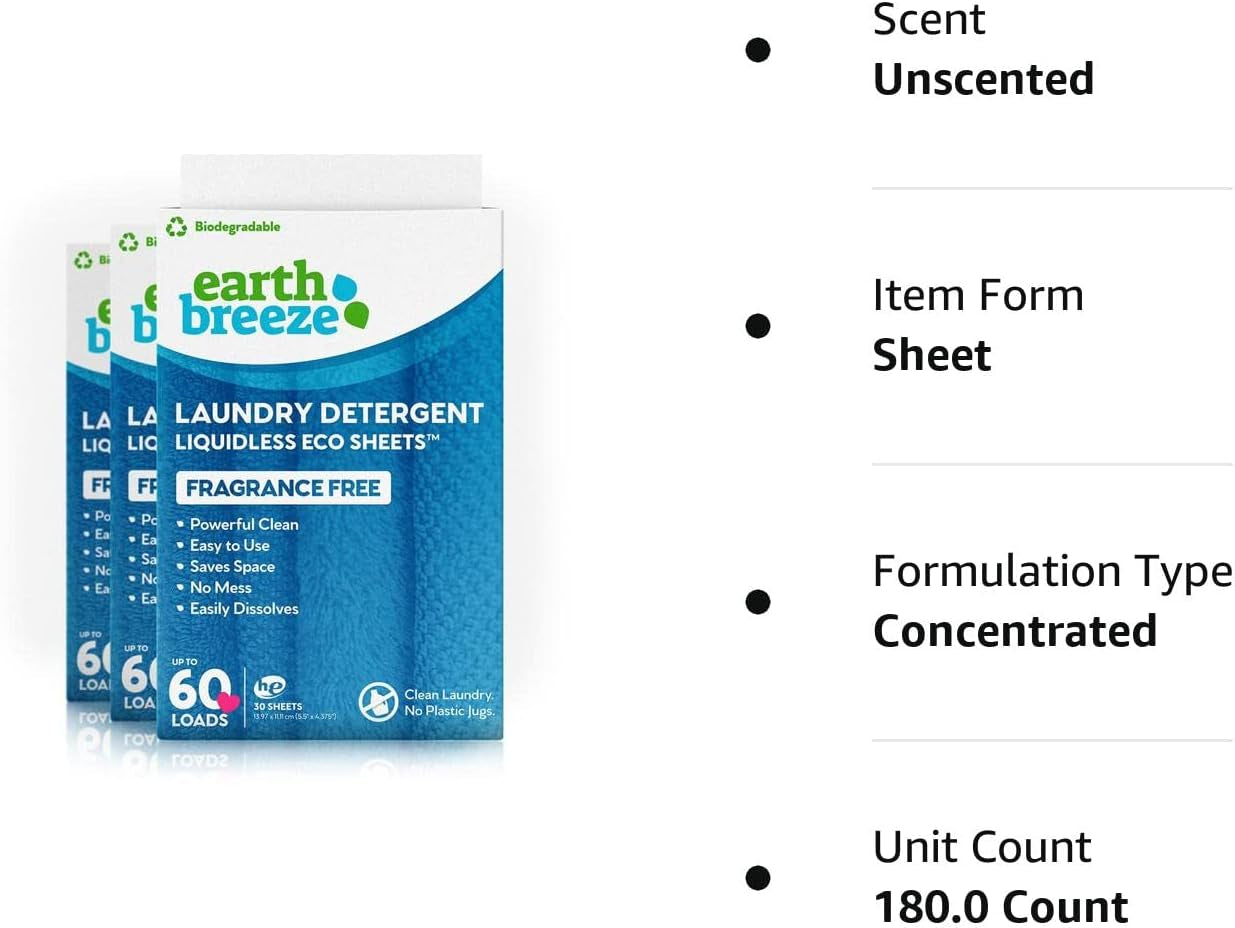 - Liquid-Less Laundry Detergent Sheets - Fragrance Free - No Plastic Jug (180 Loads) 90 Sheets (Pack of 3)