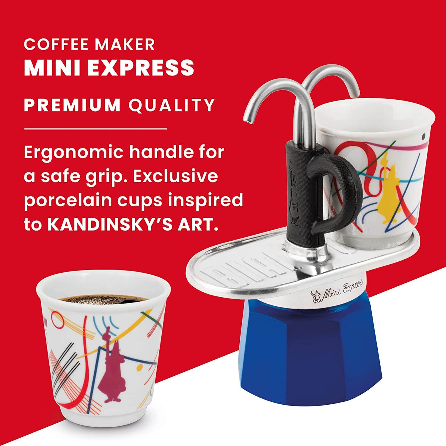 - Mini Express Kandinsky: Moka Set Includes Coffee Maker 2-Cups (2.8 Oz) + 2 Shot Glasses, Light Blue, Aluminum