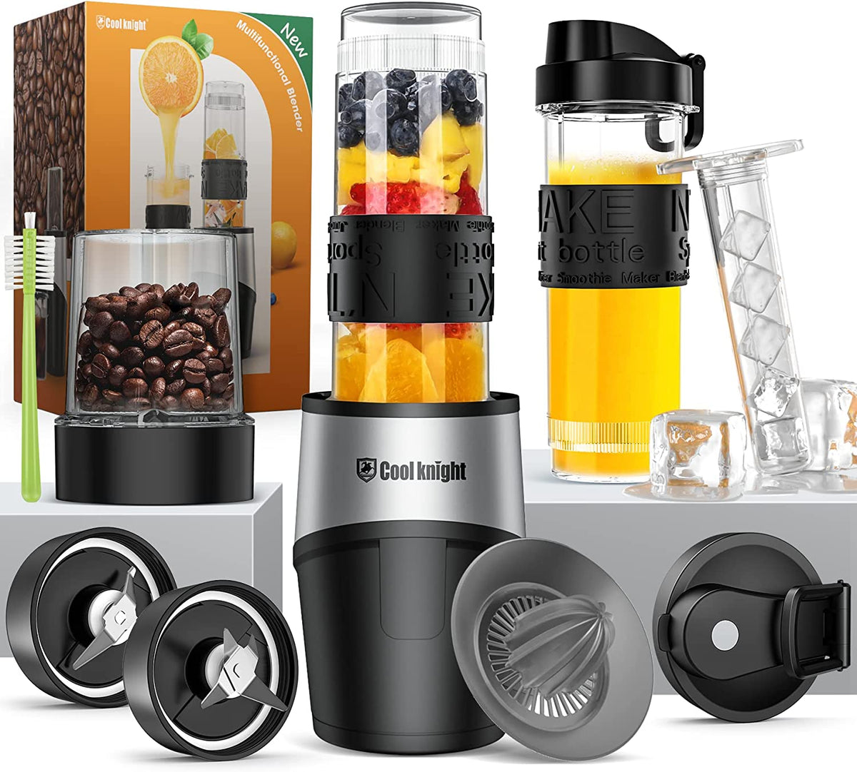 Personal Blender, 500 Watts Bullet Blender for Shakes and Smoothies, 10-Piece Kitchen Blender Set with 20Oz Sports Mug, Grinder Cup, 2 To-Go Lid, Freezer Rod and Lemon Squeezer,Bpa Free (Black-Silver)