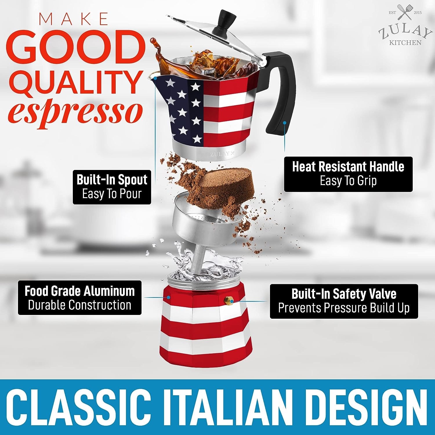 Zulay Classic Italian Style 5.5 Espresso Cup Moka Pot, Classic Stovetop Espresso Maker for Great Flavored Strong Espresso, Makes Delicious Coffee, Easy to Operate & Quick Cleanup Pot (American Flag)