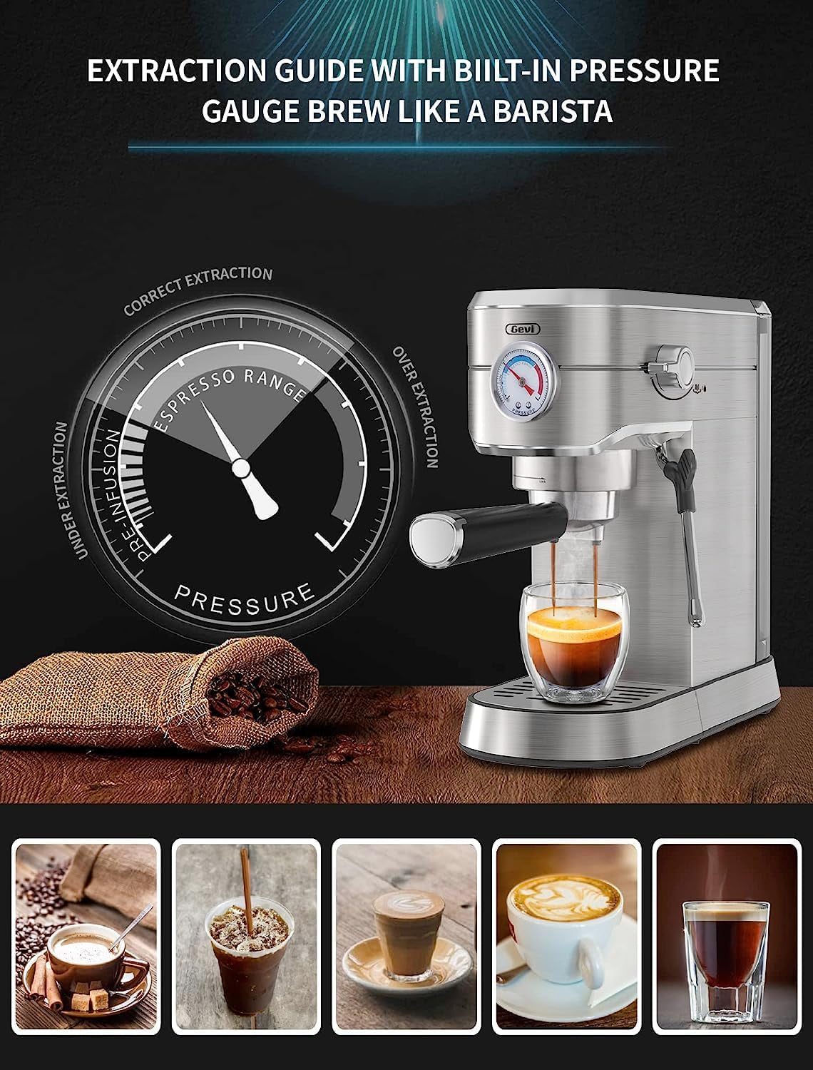 20 Bar Compact Professional Espresso Coffee Machine with Milk Frother/Steam Wand for Espresso, Latte and Cappuccino, Stainless Steel, 35 Oz Removable Water Tank