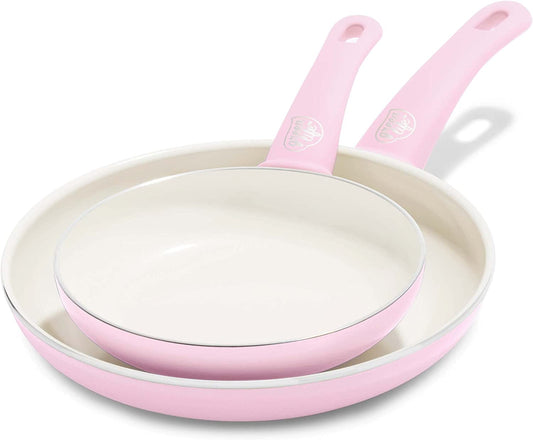 Soft Grip Healthy Ceramic Nonstick 7" and 10" Frying Egg Omeltte Pan Skillet Set, Pfas-Free, Dishwasher Safe, Soft Pink