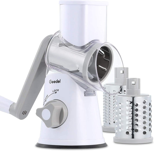 Rotary Cheese Grater, Kitchen Mandoline Vegetable Slicer with 3 Interchangeable Blades, Easy to Clean Rotary Grater Slicer for Fruit, Vegetables, Nuts
