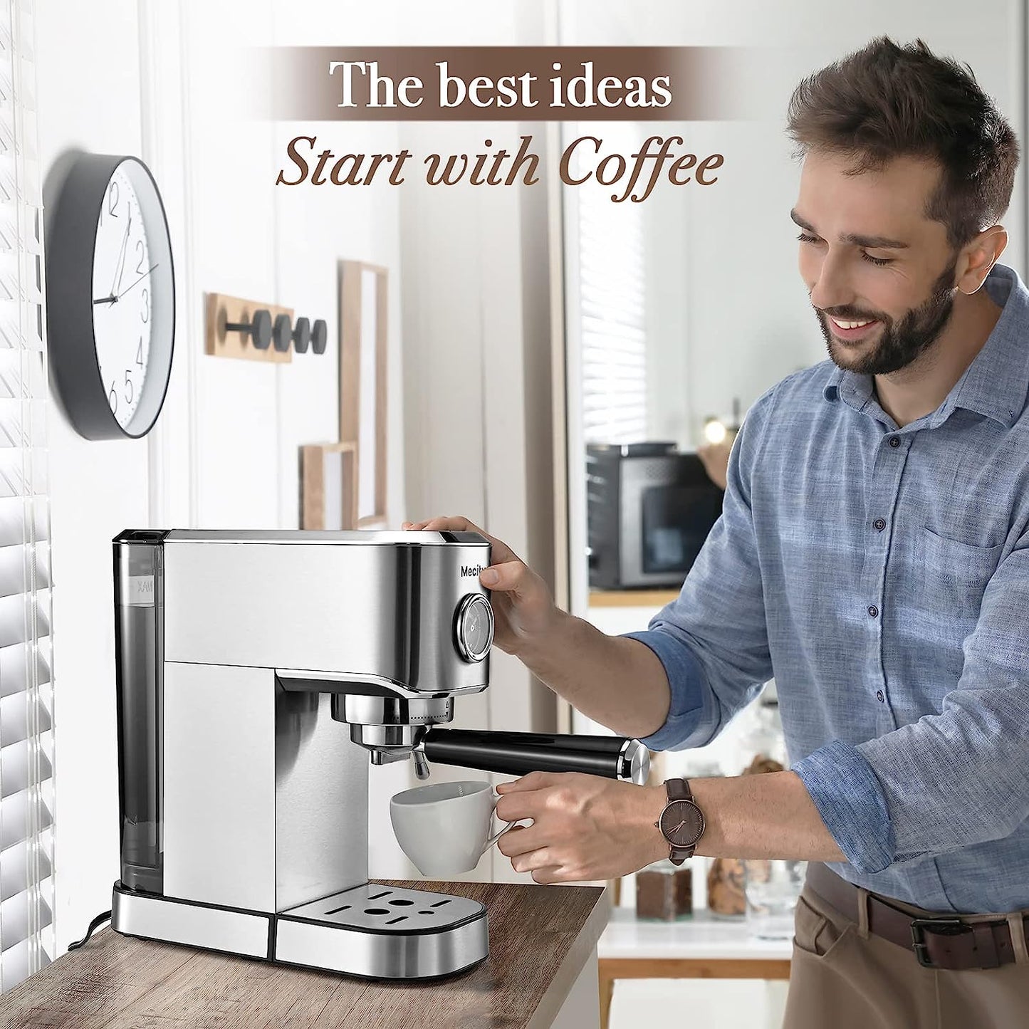 20 Bar Espresso Machine, Professional Cappuccino Maker with Milk Frother Steam Wand, Brushed Stainless Steel Coffee Machine 37 Oz Removable Water Reservoir, 1350W