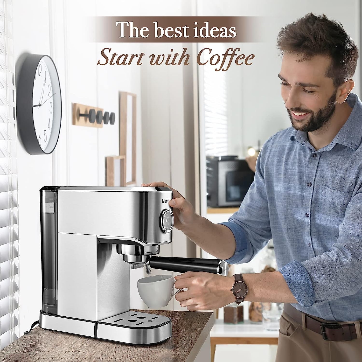20 Bar Espresso Machine, Professional Cappuccino Maker with Milk Frother Steam Wand, Brushed Stainless Steel Coffee Machine 37 Oz Removable Water Reservoir, 1350W