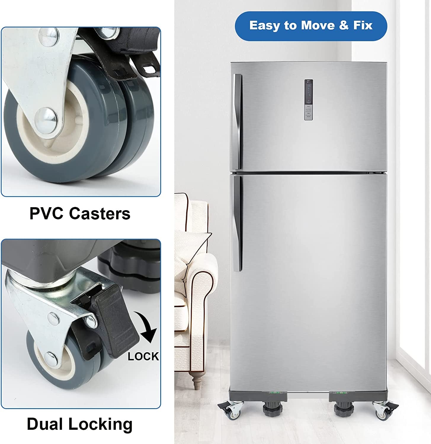 WBD WEIBIDA Washing Machine Base Stand with 4 Locking Wheels & 8 Strong Feet, Mini Fridge Stand Adjustable Flat Dolly Cart Mobile Base for Washer, Dryer, Refrigerator, Furniture and Appliance