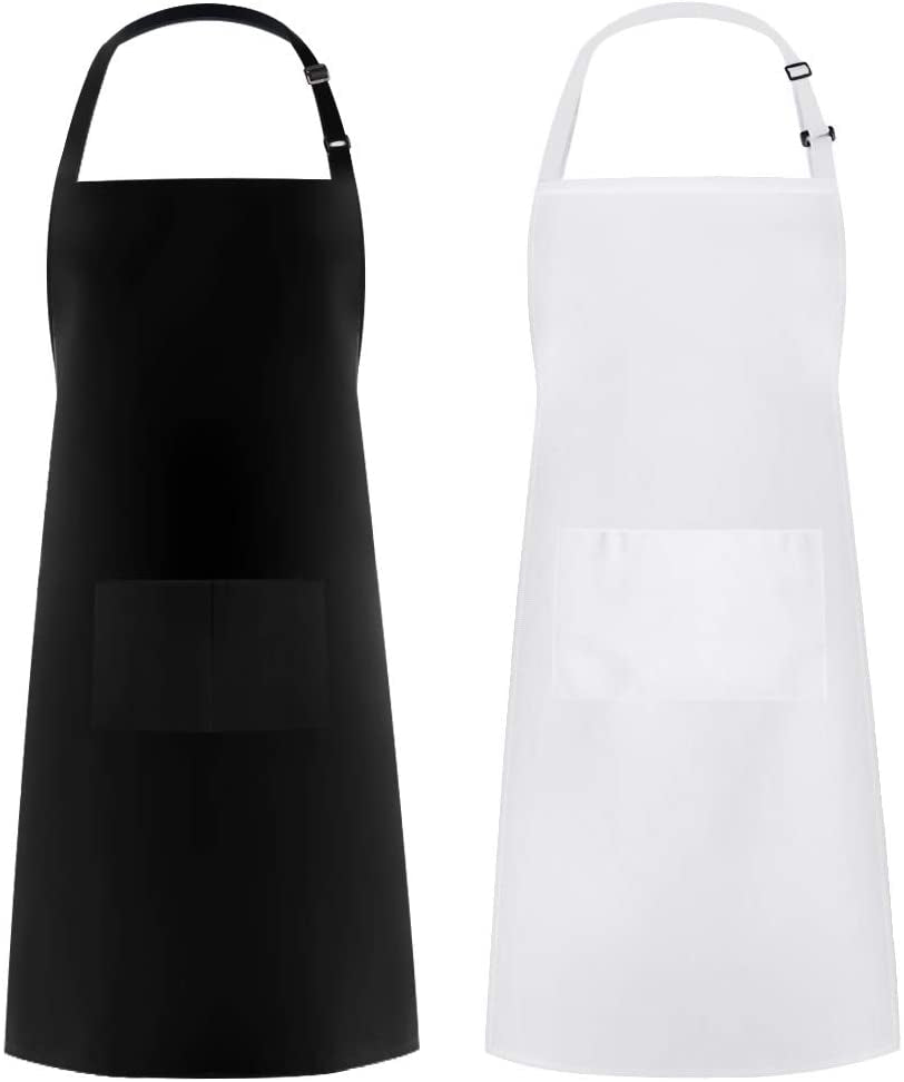 2 Pack Adjustable Bib Apron Thicker Version Waterdrop Resistant with 2 Pockets Cooking Kitchen Aprons for Women Men Chef, White & Black