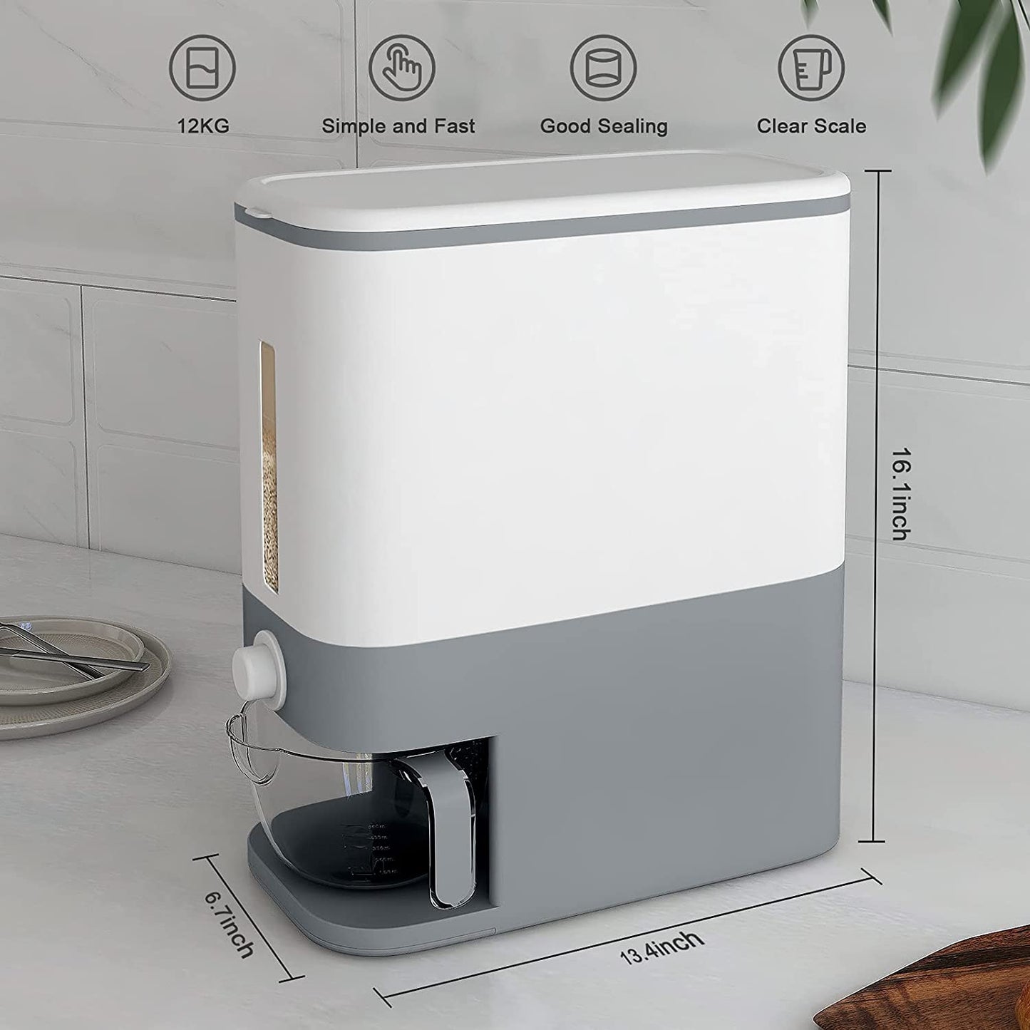 25Lbs Rice Dispenser, Large Grain Container Storage with Lid Measuring Cylinder Moisture Proof Household Cereal Dispenser Bucket for Kitchen Soybean Corn