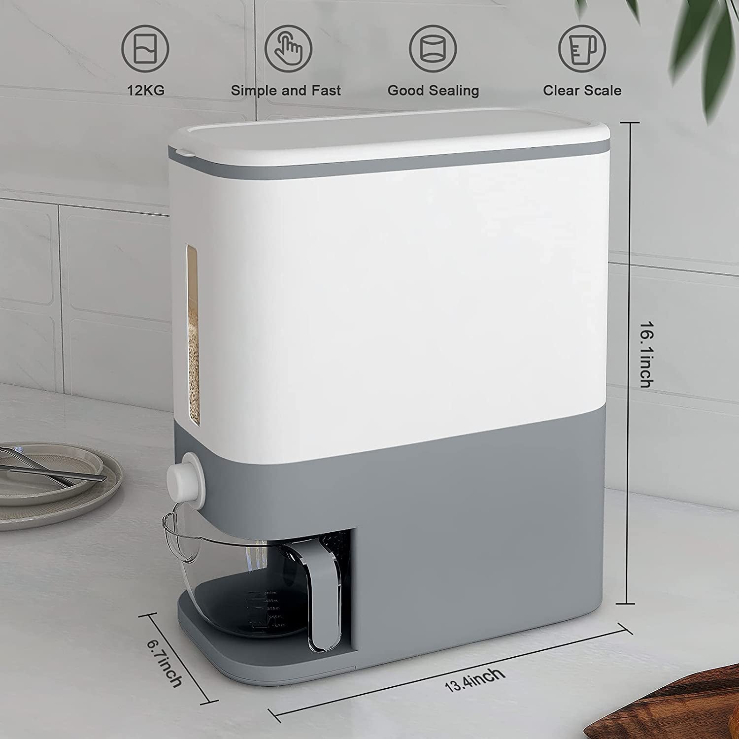 25Lbs Rice Dispenser, Large Grain Container Storage with Lid Measuring Cylinder Moisture Proof Household Cereal Dispenser Bucket for Kitchen Soybean Corn