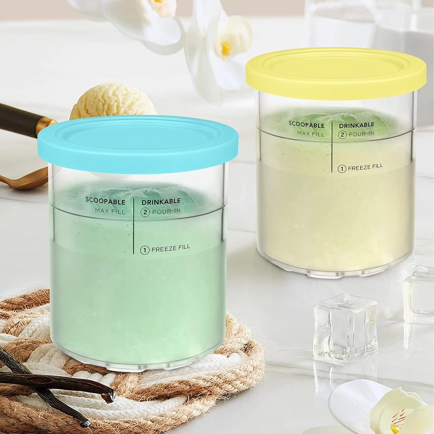 24 Oz. Containers | Extra Replacement Pints and Lids - Compatilbe with Ninja Creami NC501, NC500 Series/Deluxe 11-In-1 Ice Cream Maker (2 Pack - Blue, Yellow)
